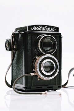 MOSCOW, RUSSIA - MAY 10, 2020: Vintage soviet Lubitel TLR camera on white background