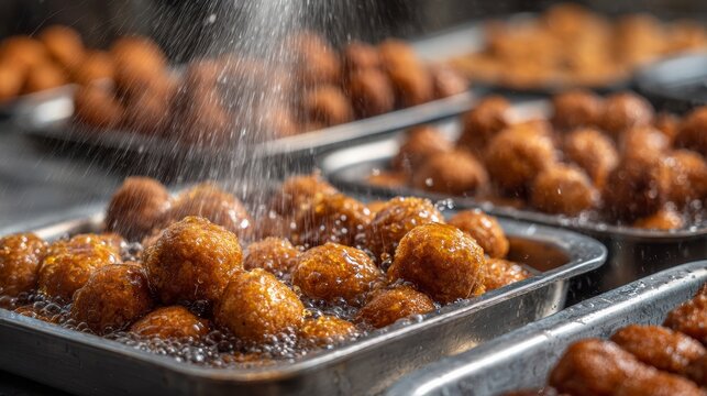 Delicious golden fishballs cooking in hot oil in stainless steel trays, showcasing savory preparation.