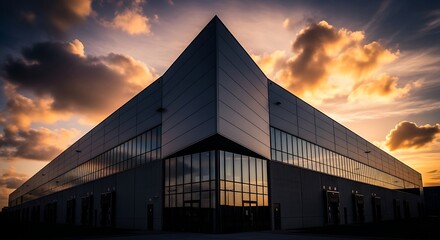 Obraz premium Modern Warehouse Architecture at Sunset Dramatic Sky Industrial Building Exterior Logistics Hub Facade Commercial Real Estate