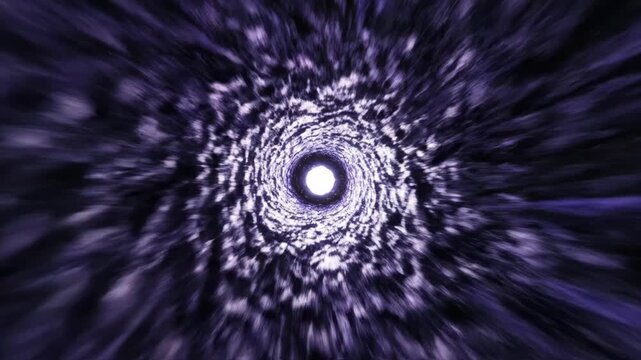 Abstract conceptual visualization of a distorted purple and black spiral tunnel leading to a bright central light point representing anxiety, mental distress, or a dark psychological state.