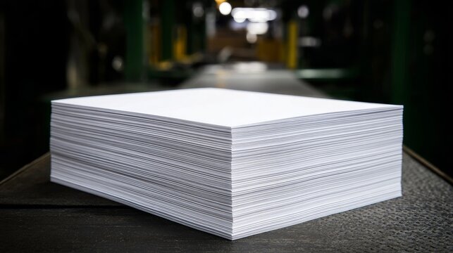 A large stack of freshly printed white paper sheets exiting a manufacturing process, ready for distribution