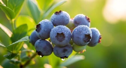 Fototapeta premium Vibrant Ripe Blueberries with Dew Drops on Bush in Golden Sunlight Fresh Organic Superfood Harvest