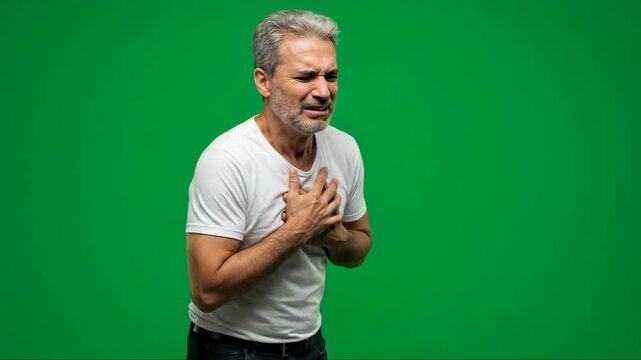 Man clutching chest in pain on green screen.