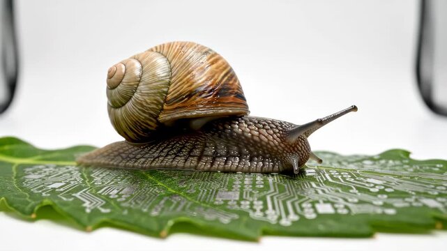 Close-up of a Snail on a Green Leaf with Circuit Board Pattern.