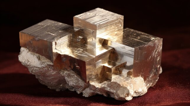 Interlocking Golden Pyrite Crystal Structures With Metallic Luster Against Dark Background