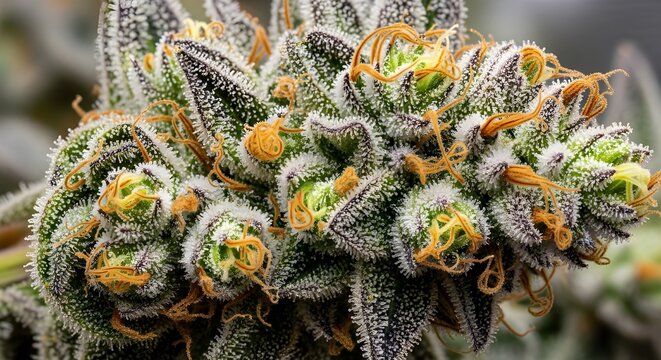 A close-up view of a cannabis plant with buds and trichomes