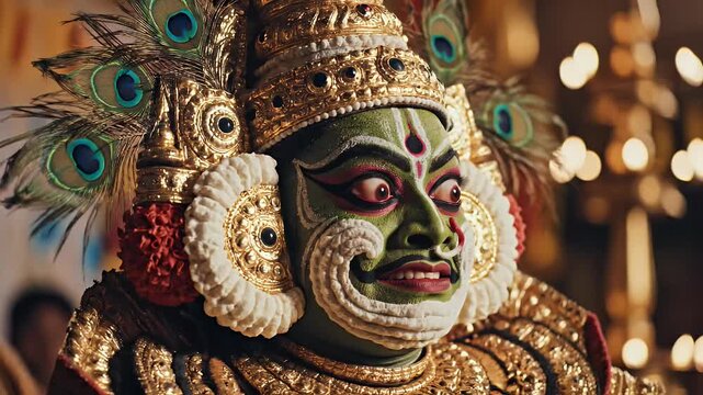 close-up of a Kathakali dancer&rsquo;s face featuring elaborate green and white makeup, intricate textures, and a gold crown for the Onam festival.