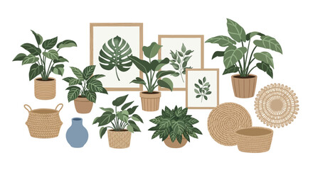 A collection of houseplants and woven decor creates a calming botanical interior design arrangement © Shakil
