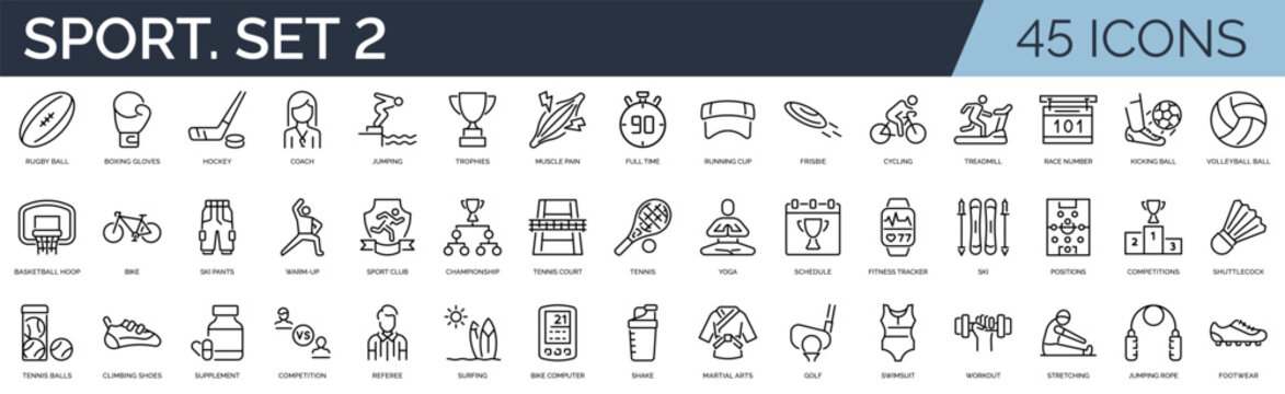 Set of 45 outline icons related to sport. Second set. Linear icon collection. Editable stroke. Vector illustration	