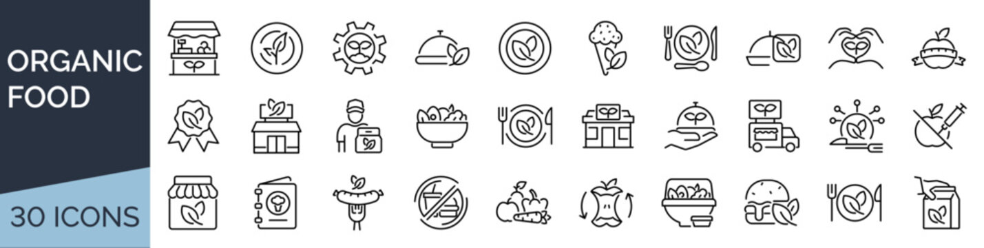Set of 30 outline icons related to organic food. Linear icon collection. Editable stroke. Vector illustration