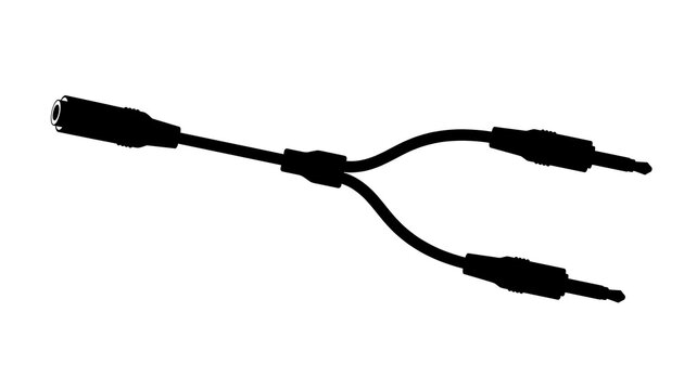 Black audio splitter cable with one female and two male connectors isolated on a transparent background