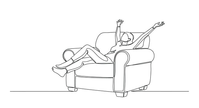 A continuous line drawing depicts a person relaxing in a comfortable armchair with arms raised