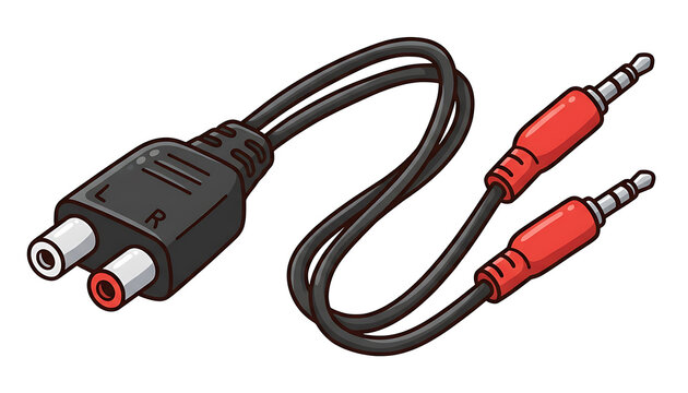 Black audio cable with red 3.5mm jack connectors and rca female inputs isolated on a transparent background