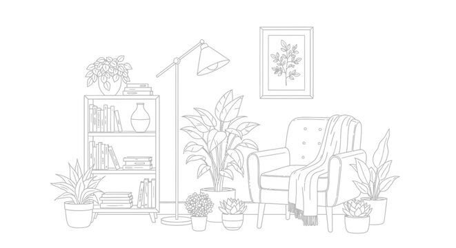 A minimalist interior design featuring a comfortable armchair bookshelf plants and a floor lamp outlined in black