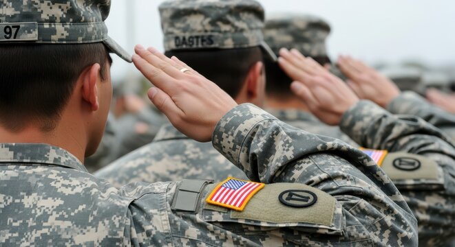 Military soldiers saluting in camouflage uniforms, US army troops in formation, patriotic American service members showing respect