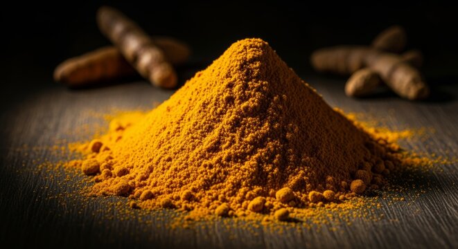 Bright Yellow Turmeric Powder Spice Pile with Roots