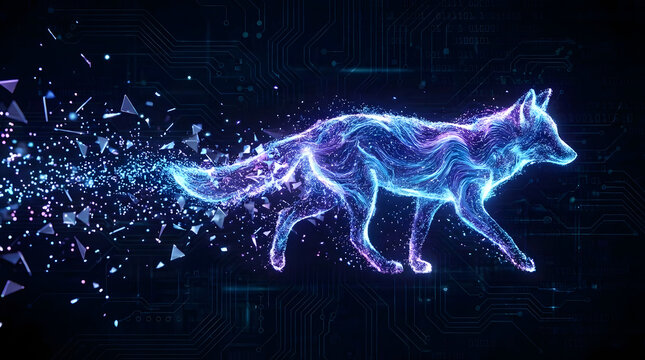 Abstract digital fox made of glowing particles, symbolizing technology and artificial intelligence