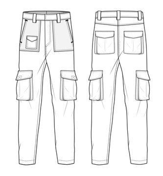 Cargo pants for men front and back view vector design mockup template technical flat sketch.