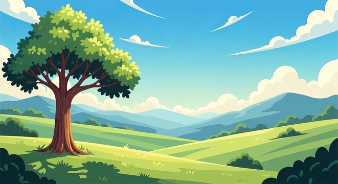 Colorful cartoon landscape with a large green tree and rolling hills under blue sky