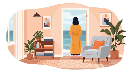 A woman in a yellow robe stands looking out a doorway towards a calming blue seascape © Shakil