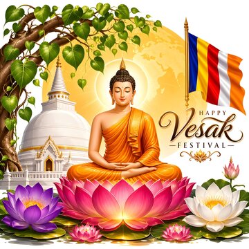 Serene Vesak scene with meditating Buddha on lotus, glowing moon, Bo tree, stupa, and vibrant colors in a clean