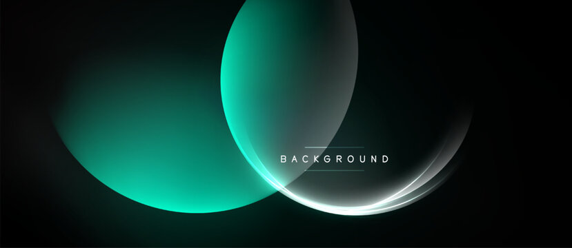 Dark backdrop features overlapping teal circles, bright white line accents. Minimalist design, modern aesthetic, gradient effect present.