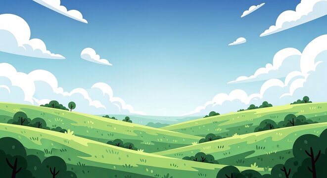 Colorful cartoon landscape with rolling green hills and fluffy clouds in daylight