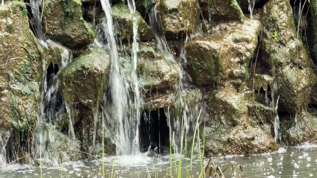 Clear water flows gently down dark, mossy stones into a small pool. The sight and sound feel refreshing and peaceful. This hidden waterfall creates a sense of calm in the natural landscape