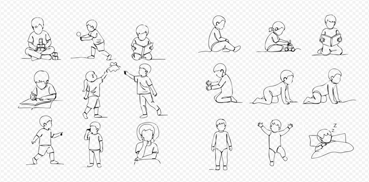 Set of continuous line drawings depicting children in various poses and activities, from infancy to early childhood, isolated on a transparent background.