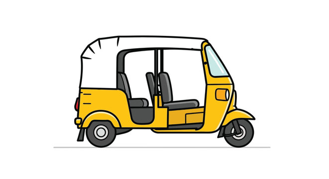 A vibrant yellow auto rickshaw illustration with a white roof depicting a common form of transportation