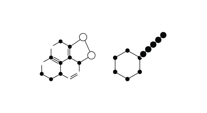 Black and white illustration of two distinct chemical structures with carbon atoms and bonds