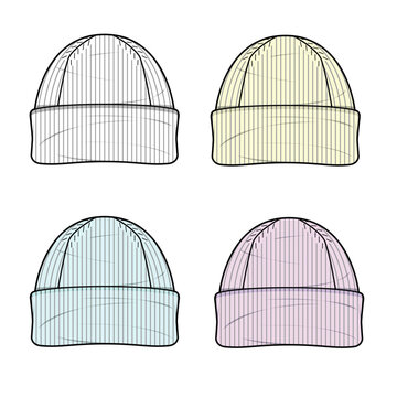 Wool beanies technical flat design vector mockup template.