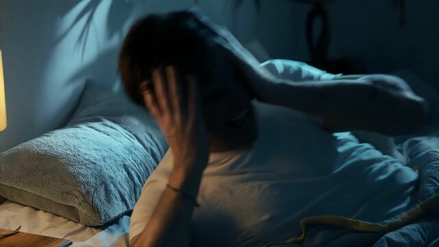 Surreal man waking up screaming from a nightmare in dark bedroom alone