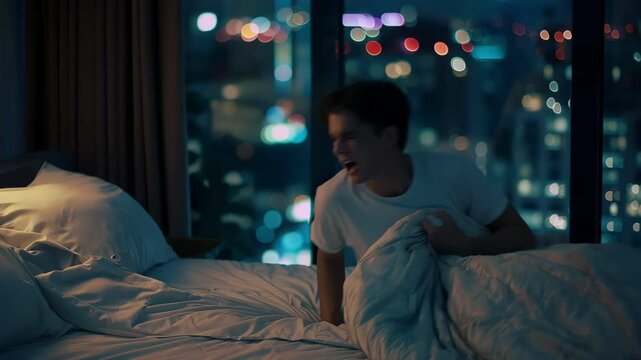 Surreal man waking up and yawning in bed with city skyline at night