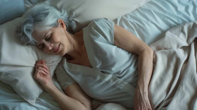 senior woman with gray hair waking up with a smile in bed