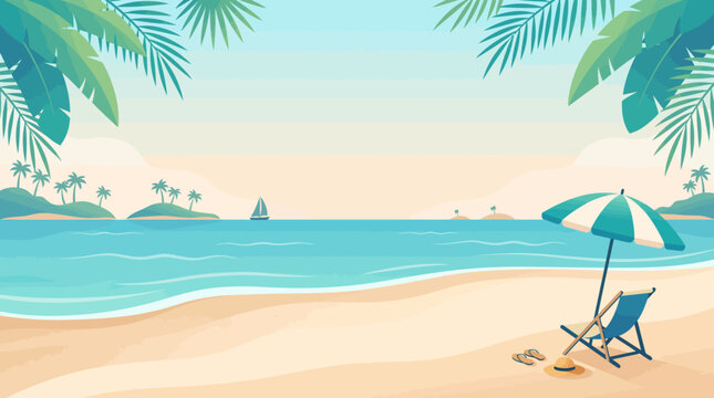Flat Design Illustration of Tropical Summer Beach Background with Chair and Palm Leaves
