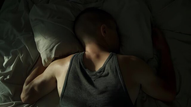 back view of shirtless man sleeping in bed with morning light