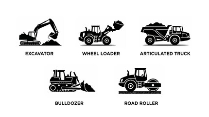 Set of construction machinery silhouettes including excavator, wheel loader, bulldozer, road roller and articulated truck. © Santy