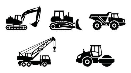 Silhouettes of heavy construction machinery including excavator, bulldozer, crane, and dump trucks at a worksite. © Santy