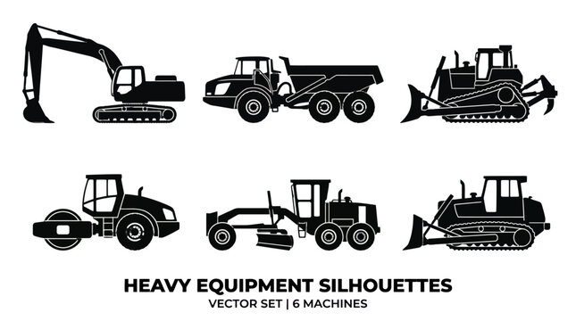 Silhouettes of Heavy Construction Machinery and Equipment for Industrial Visuals.
