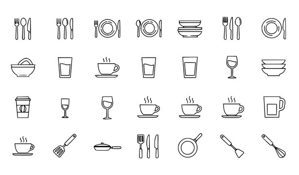 Restaurant dining utensil line icon vector set with fork knife spoon plate and tableware symbols