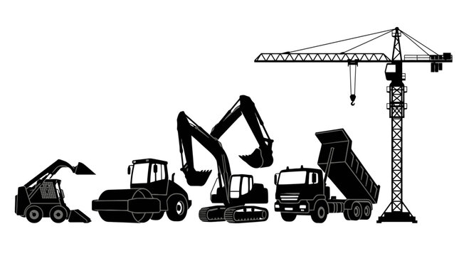 Industrial construction equipment lineup with excavator bulldozer crane loader and trucks at a worksite.