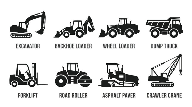 Set of construction equipment icons featuring excavator, backhoe, loader, wheelloader, dumptruck, forklift, roadroller, asphaltpaver and crane imagery.