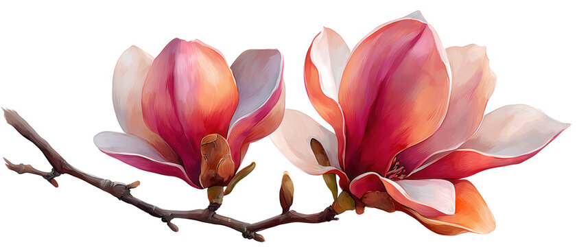 Ręcznie malowana gałązka magnolii, r&oacute;żowe i pomarańczowe kwiaty, botaniczna ilustracja