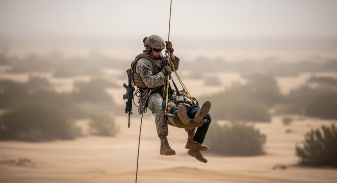 Military rescue mission in desert, soldier rappelling with casualty on rope, special forces medevac operation in sand storm, tactical evacuation