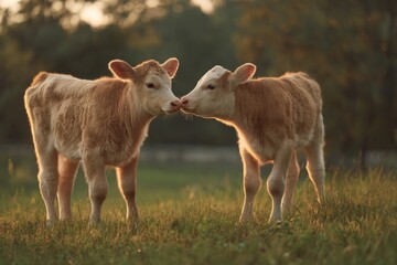 Fototapeta premium two calves gently touching in field with warm natural light and soft bokeh, livestock farming, agriculture, rural environment, cute animal concept