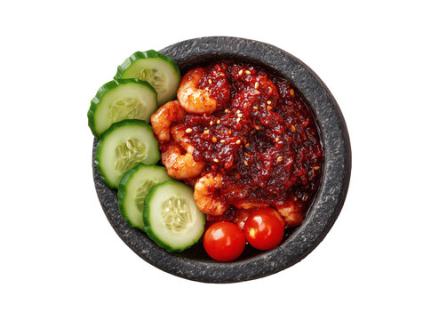 Spicy Indonesian Sambal Udang Shrimp with Fresh Cucumber and Tomatoes in Stone Bowl