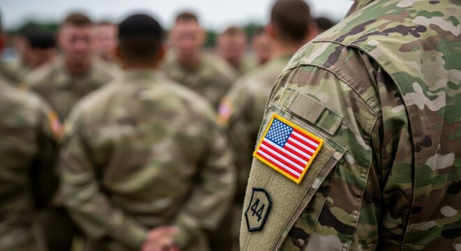 Military soldier in camouflage uniform with American flag patch, US army troops standing in formation, patriotic defense and veteran concept