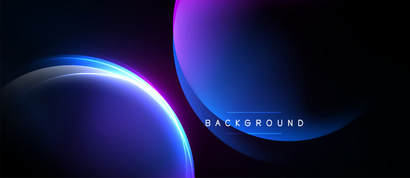 Abstract design features glowing blue, purple shapes. Dark background creates dramatic visual effect. Modern, minimalist aesthetic.