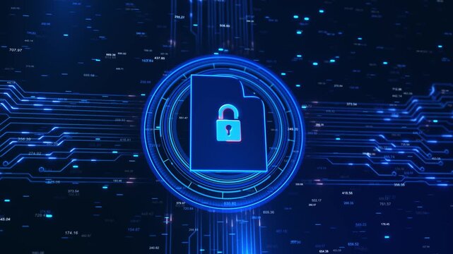 Secure File Icon Digital Lock Document icon with a padlock inside a circular HUD and streaming data lines. Perfect for secure file visuals, data protection, encryption, compliance, and IT security.